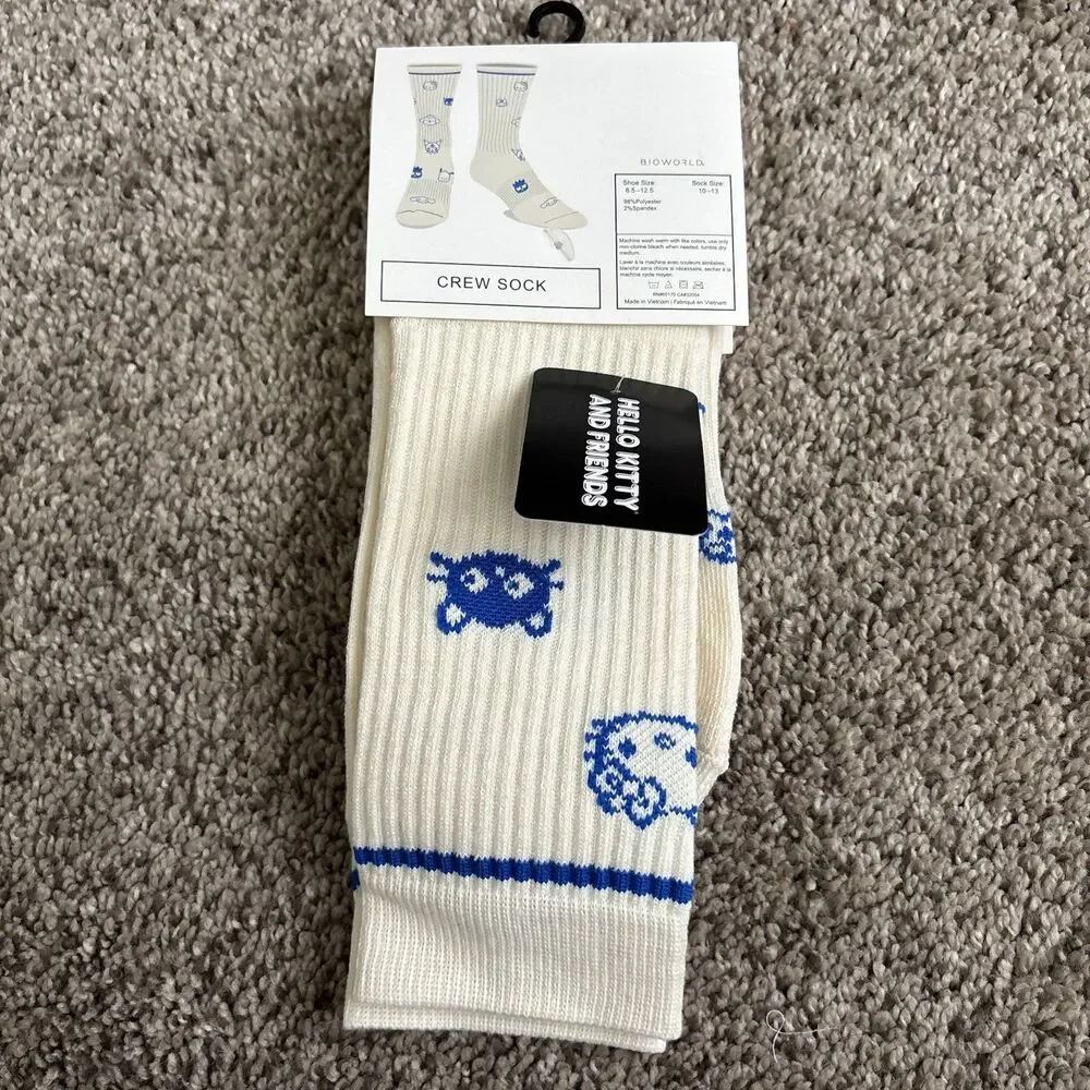 Hello Kitty & Friends Crew Socks Adult White Blue Ribbed Kawaii NWT Bio World